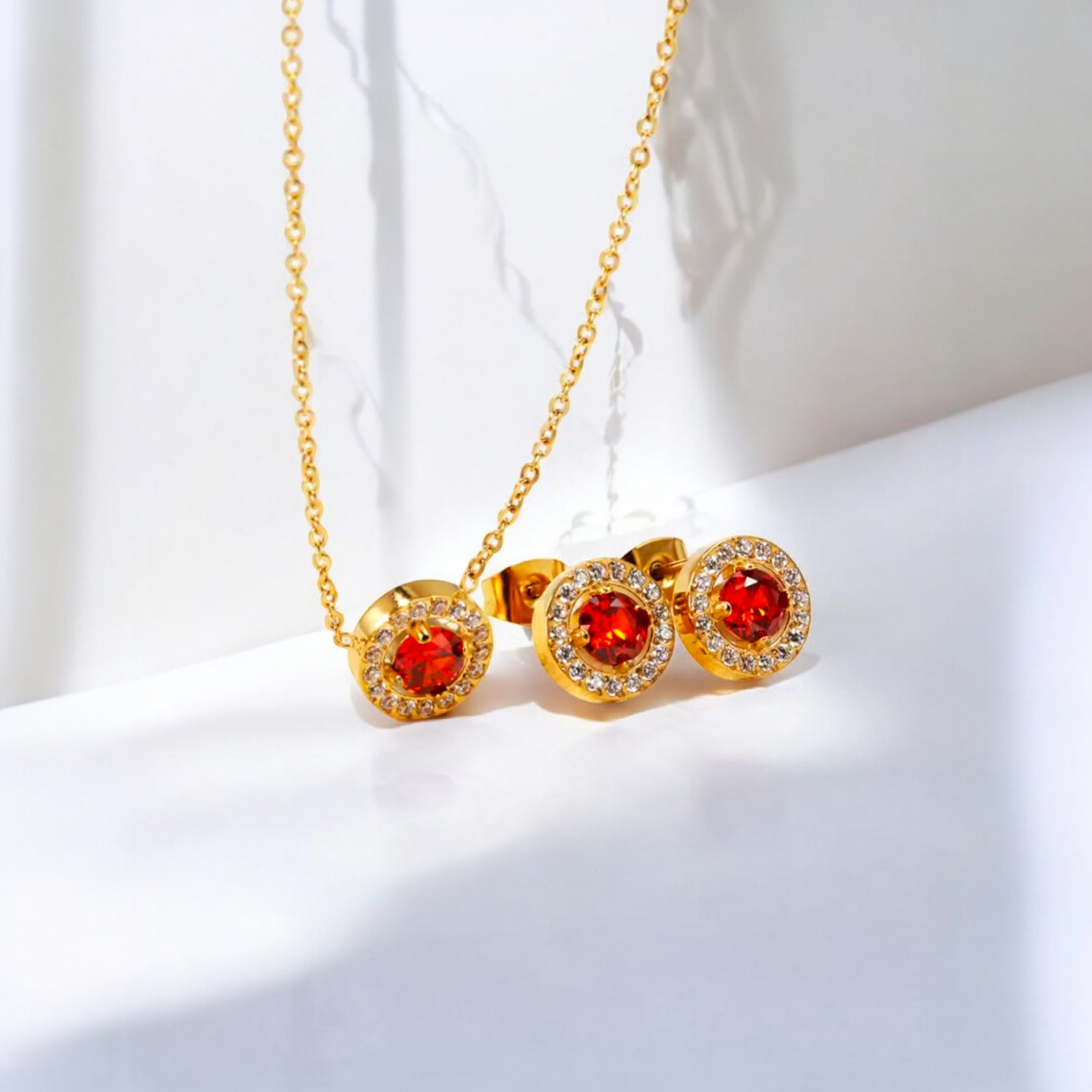 Stainless Steel Red Halo Zirconia Jewellery - Set 2 colours