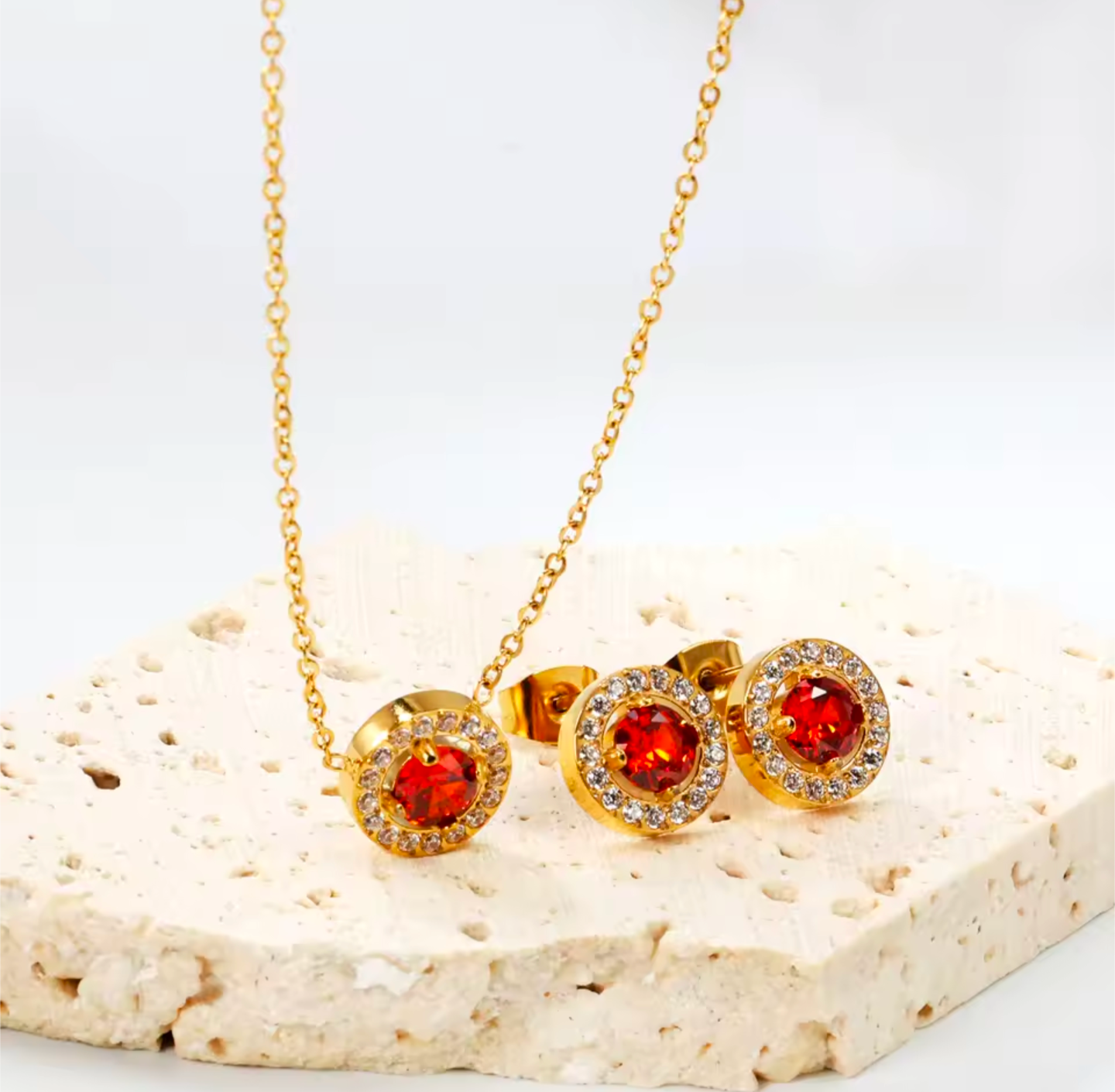 Stainless Steel Red Halo Zirconia Jewellery - Set 2 colours