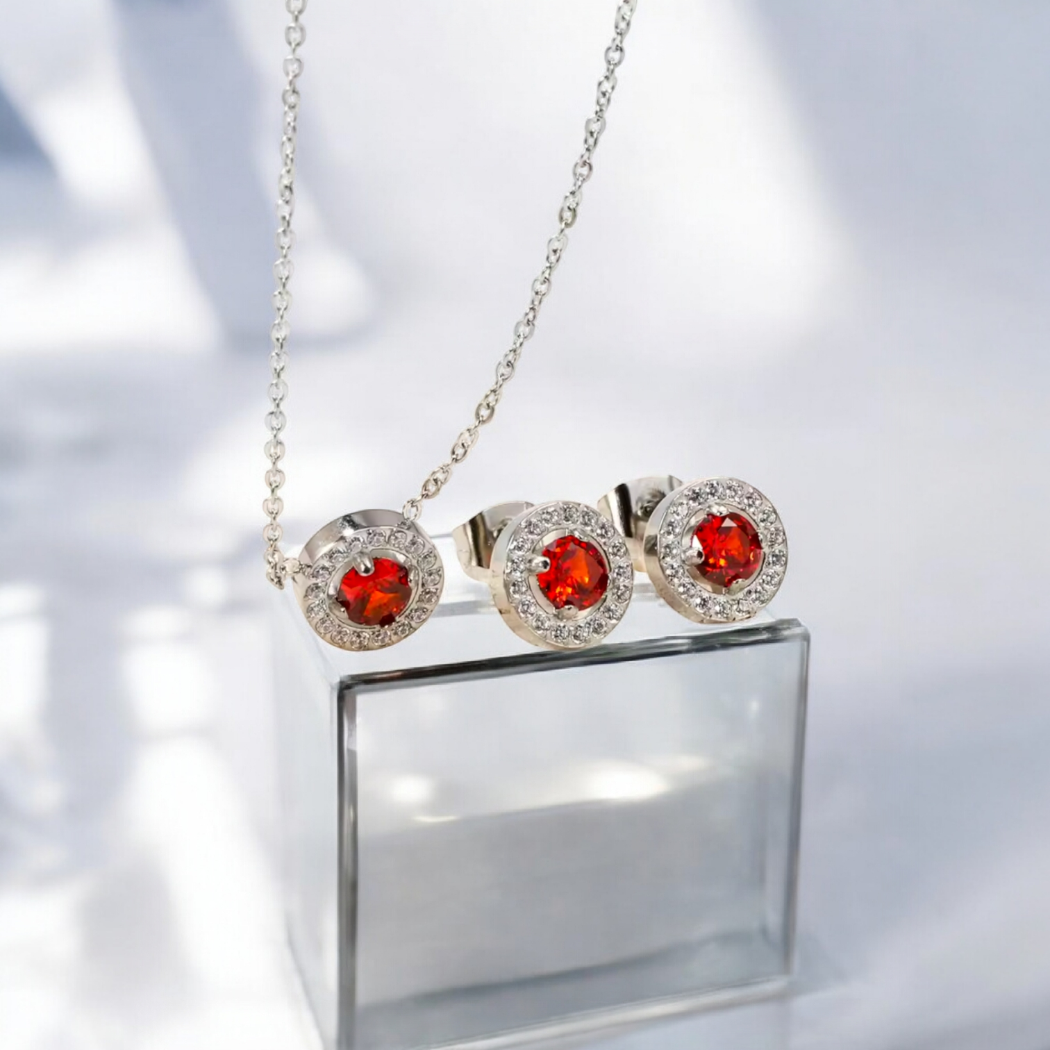 Stainless Steel Red Halo Zirconia Jewellery - Set 2 colours