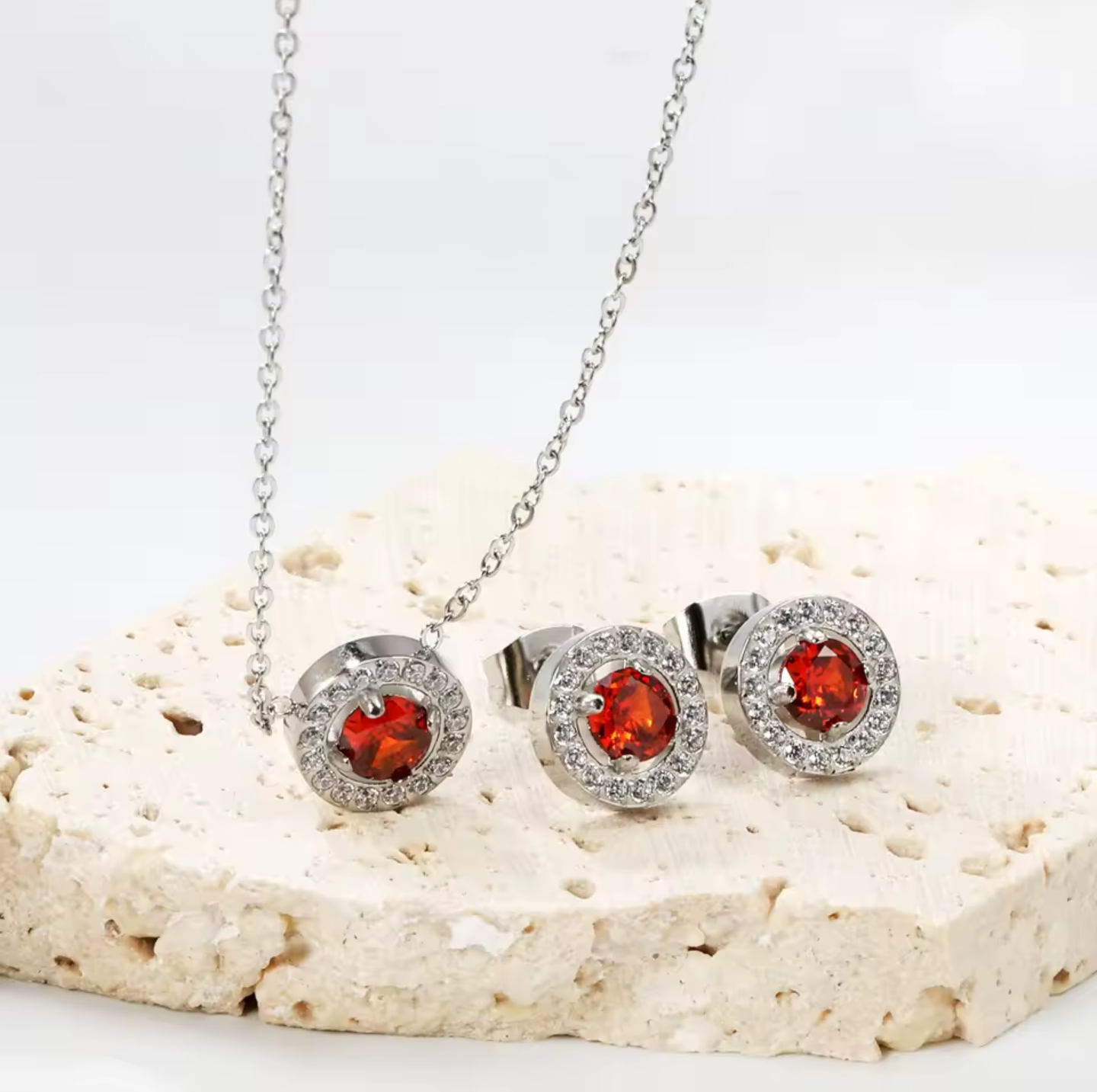Stainless Steel Red Halo Zirconia Jewellery - Set 2 colours