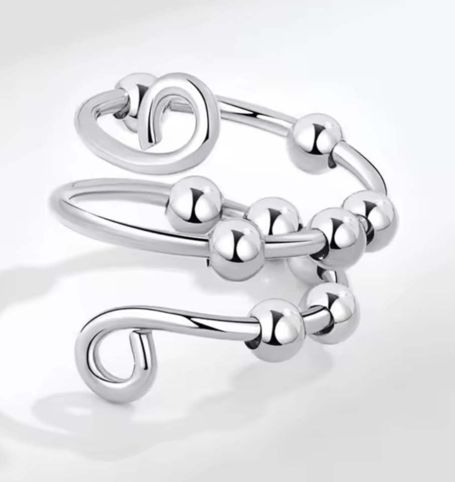925 Sterling Silver Anxiety Rings- Fidget Spinner Bead Rings for Stress Relief, Adjustable Open Design - various designs