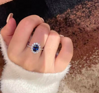 925 Sterling Silver Blue Gemstone Ring - Resizable Halo Design