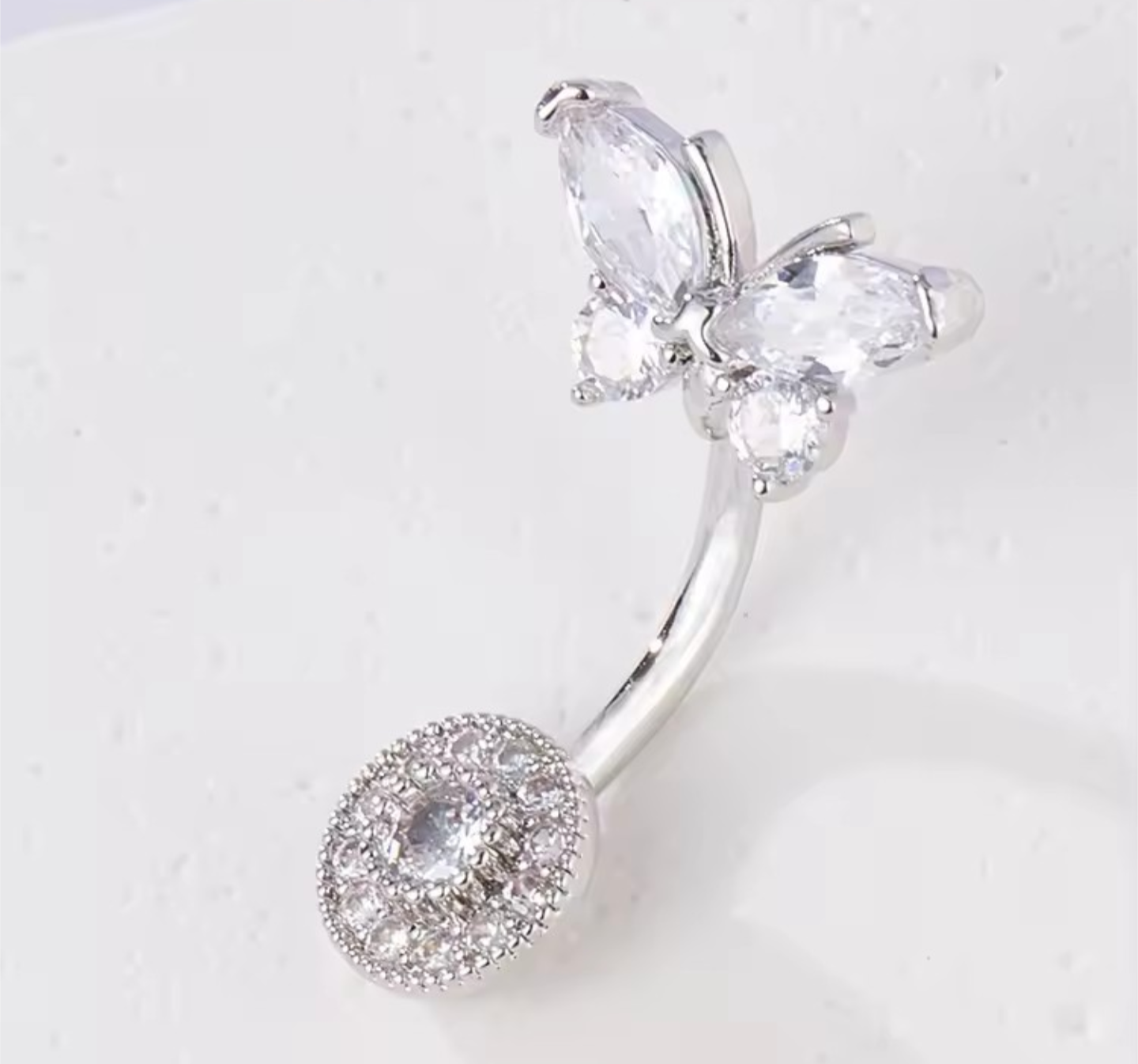 925 Sterling Silver Butterfly & Circle Cubic Zirconia Belly Button Ring