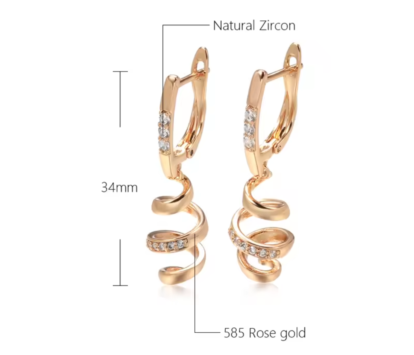 585 Rose Gold Spiral Drop Earrings with Natural Zircon Accents
