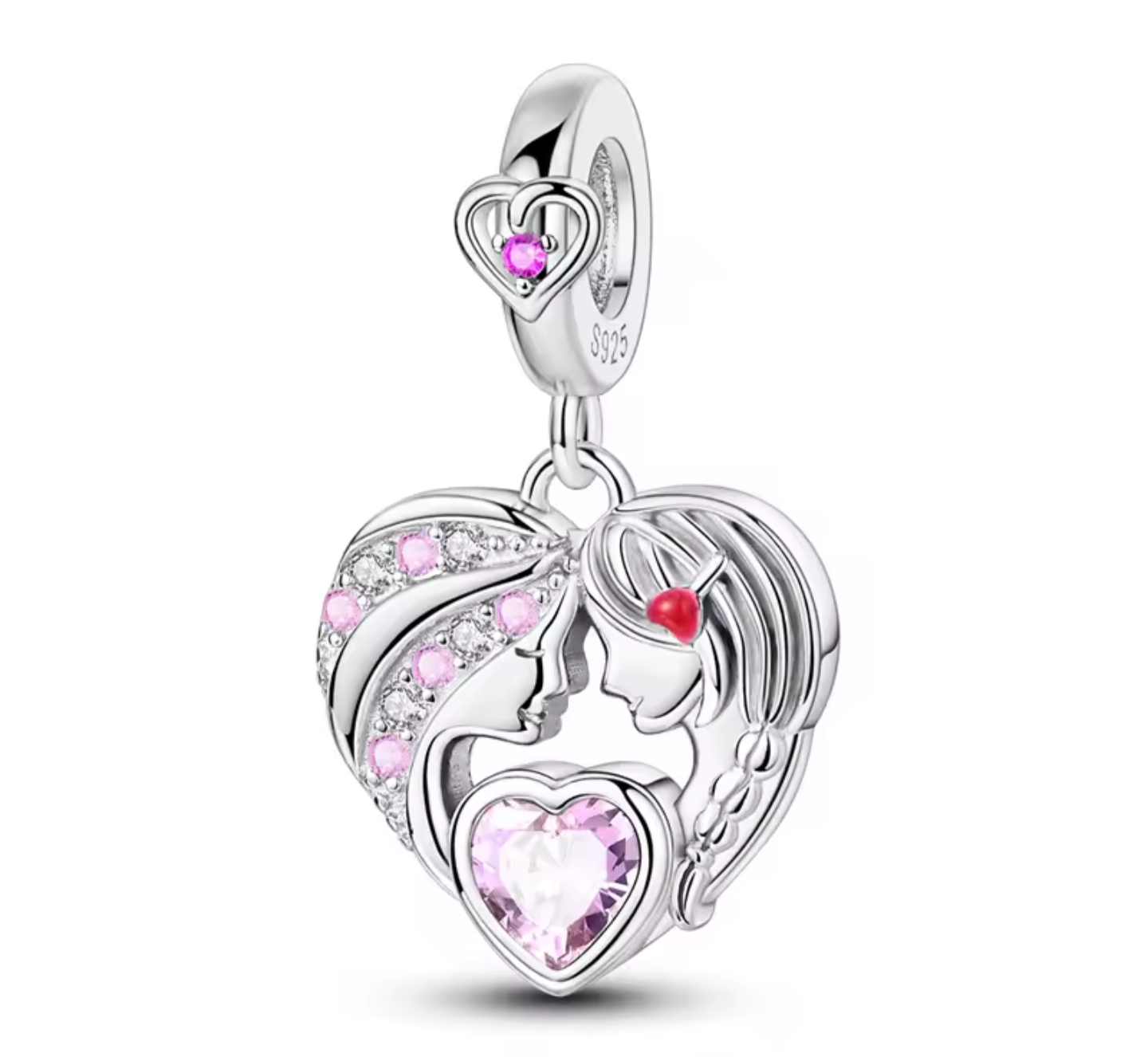 925 Sterling Silver Heart-Shaped Couple Silhouette Dangle Charm with Pink & Red Crystals