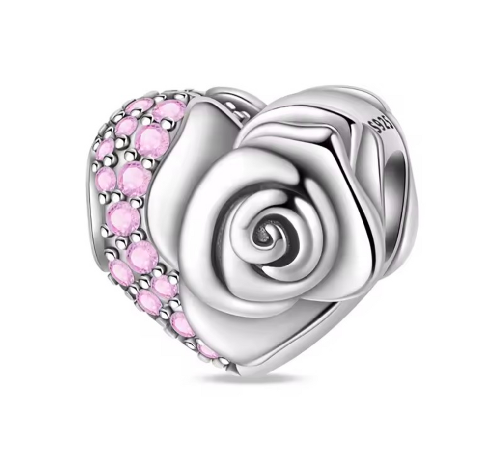925 Sterling Silver Heart-Shaped Rose Charm with Pink Crystals