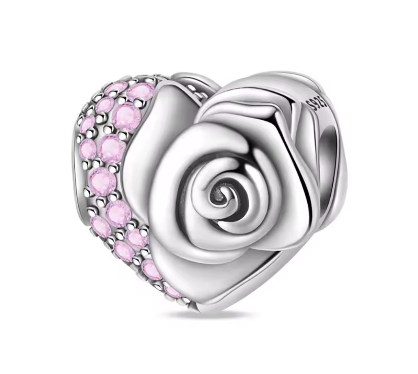 925 Sterling Silver Heart-Shaped Rose Charm with Pink Crystals