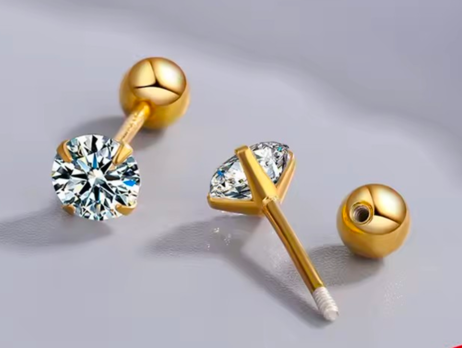 S925 Sterling Silver Moissanite Studs - 18K Gold Plated Screw-Back Earrings