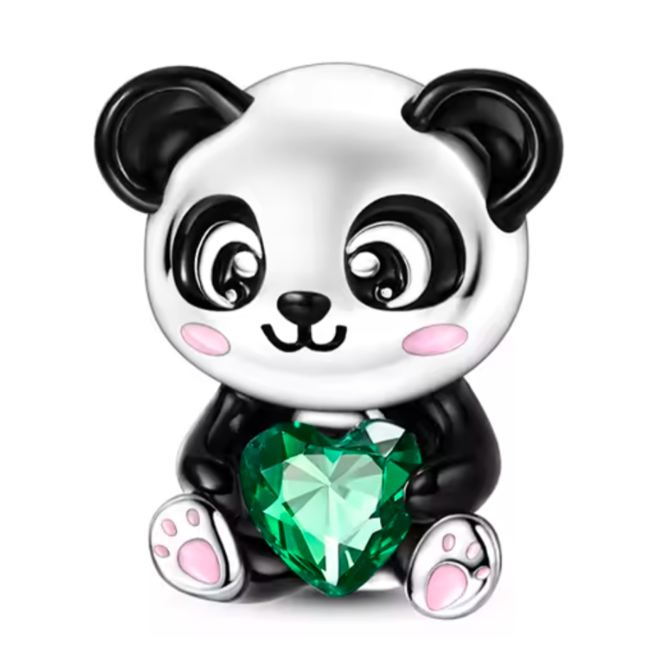S925 Sterling Silver Cute Panda Charm with Green Crystal Heart