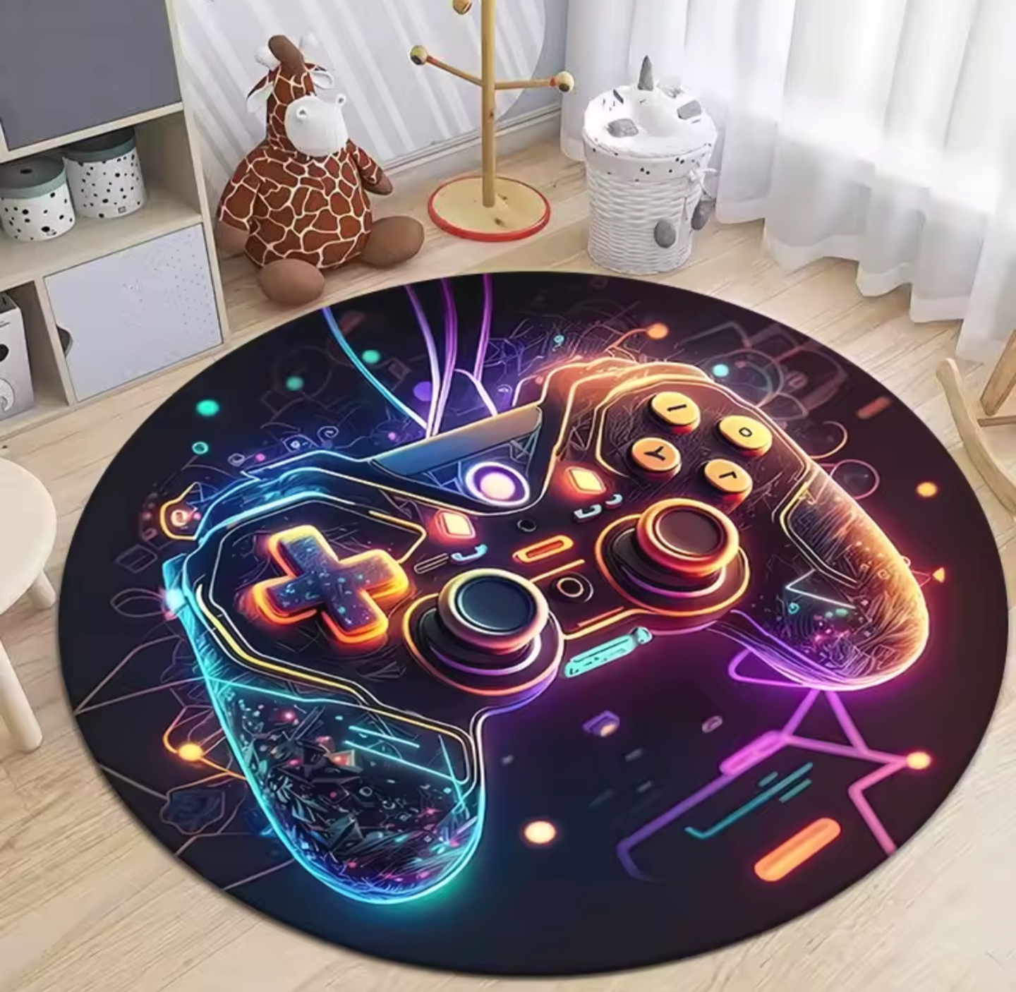 Neon Gamepad Printed Round Carpet - Soft & Comfortable Gaming Mat