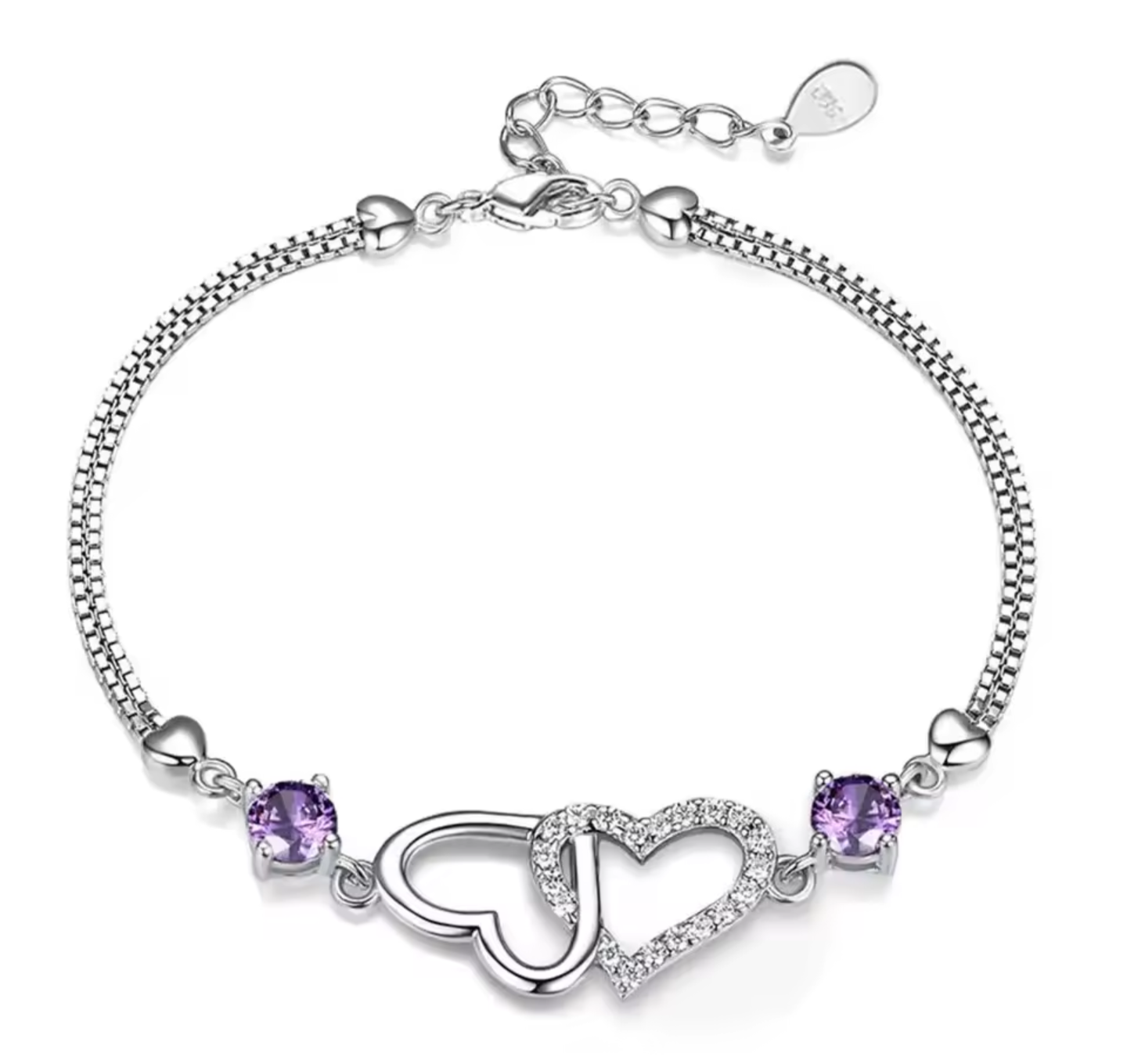 Double Heart Amethyst & Zircon Crystal Bracelet
