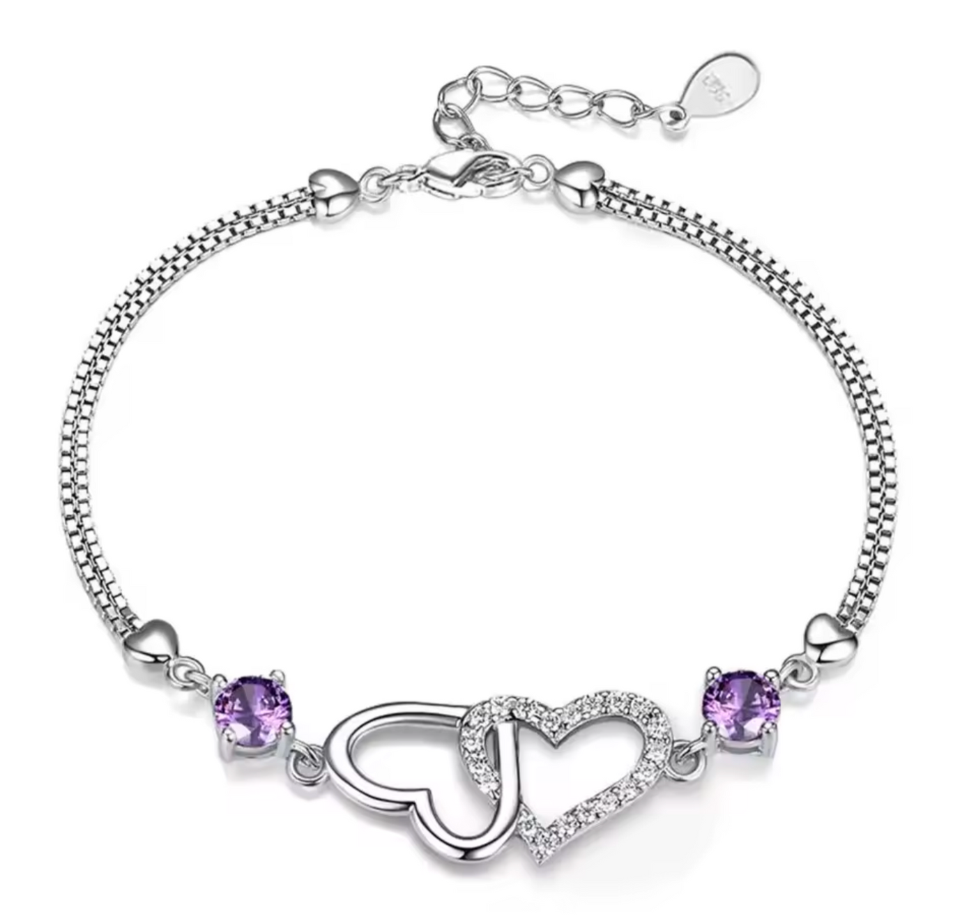 Double Heart Amethyst & Zircon Crystal Bracelet - Truly Yours
