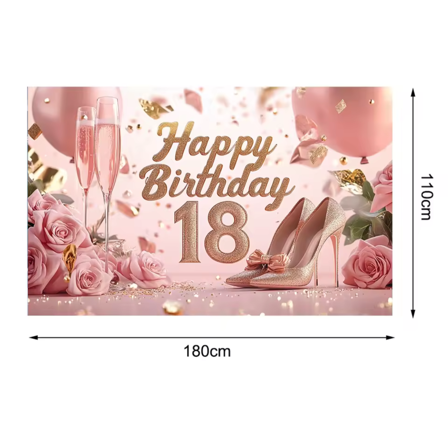 Elegant Rose Gold 18th Happy Birthday Backdrop – Pink Floral & Champagne Celebration Banner 180cmx110cm