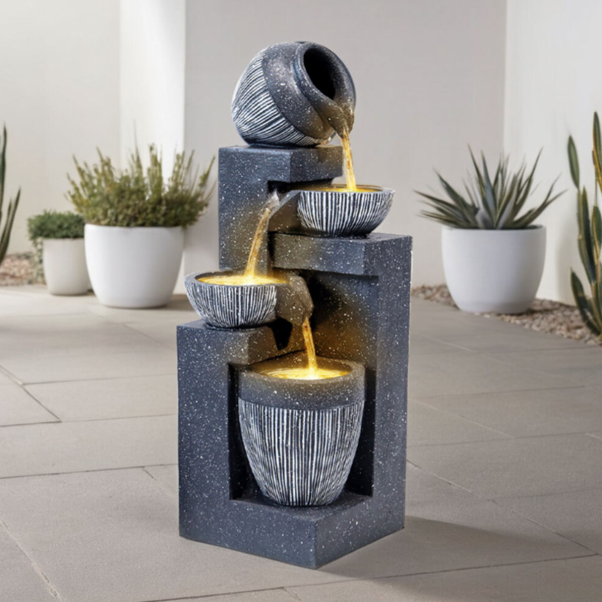 Solar-Powered Outdoor Cascading LED Tiered Water Fountain for Garden - Black Resin, 51 cm High Water feature