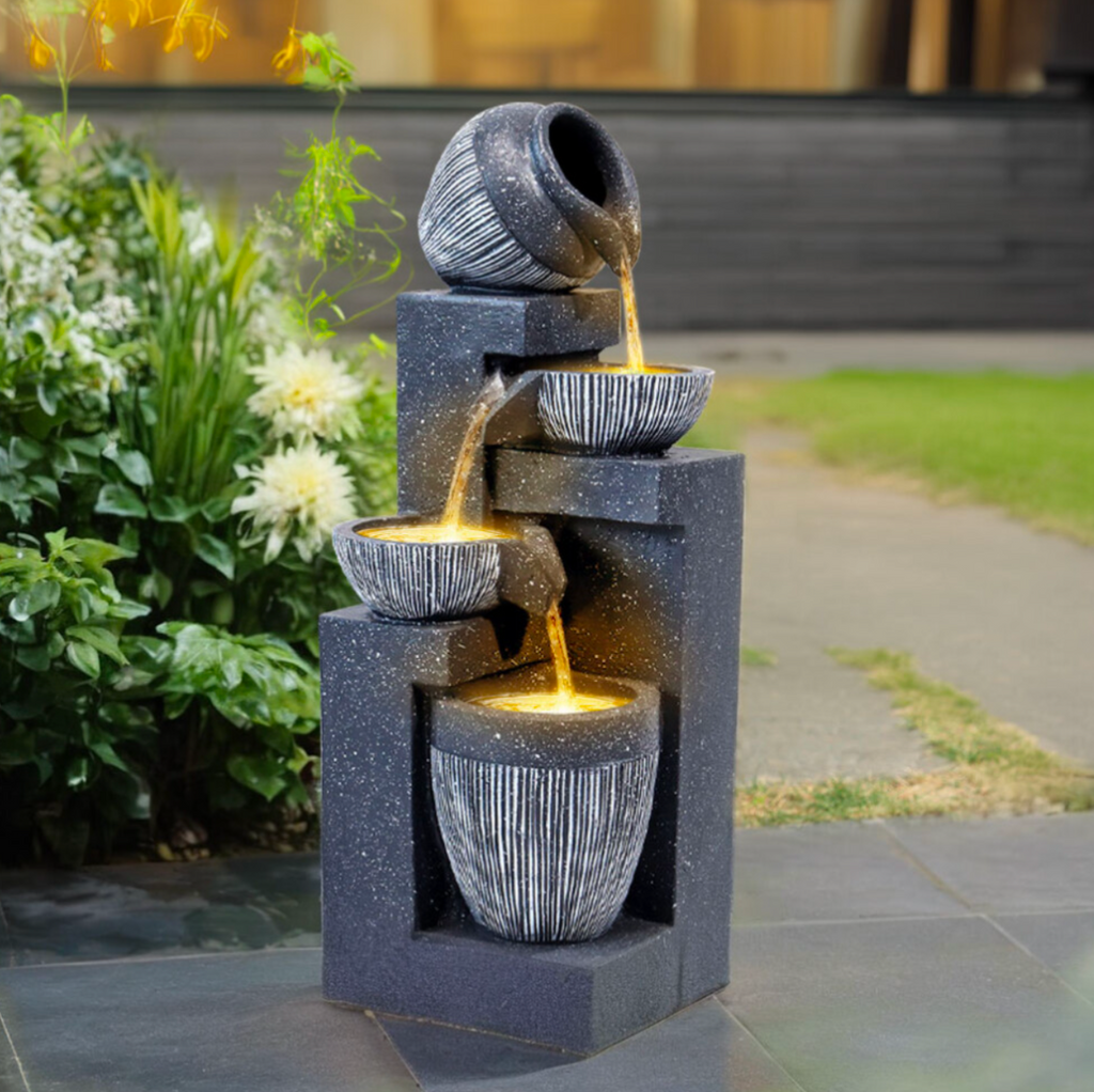 Solar-Powered Outdoor Cascading LED Tiered Water Fountain for Garden - Black Resin, 51 cm High Water feature