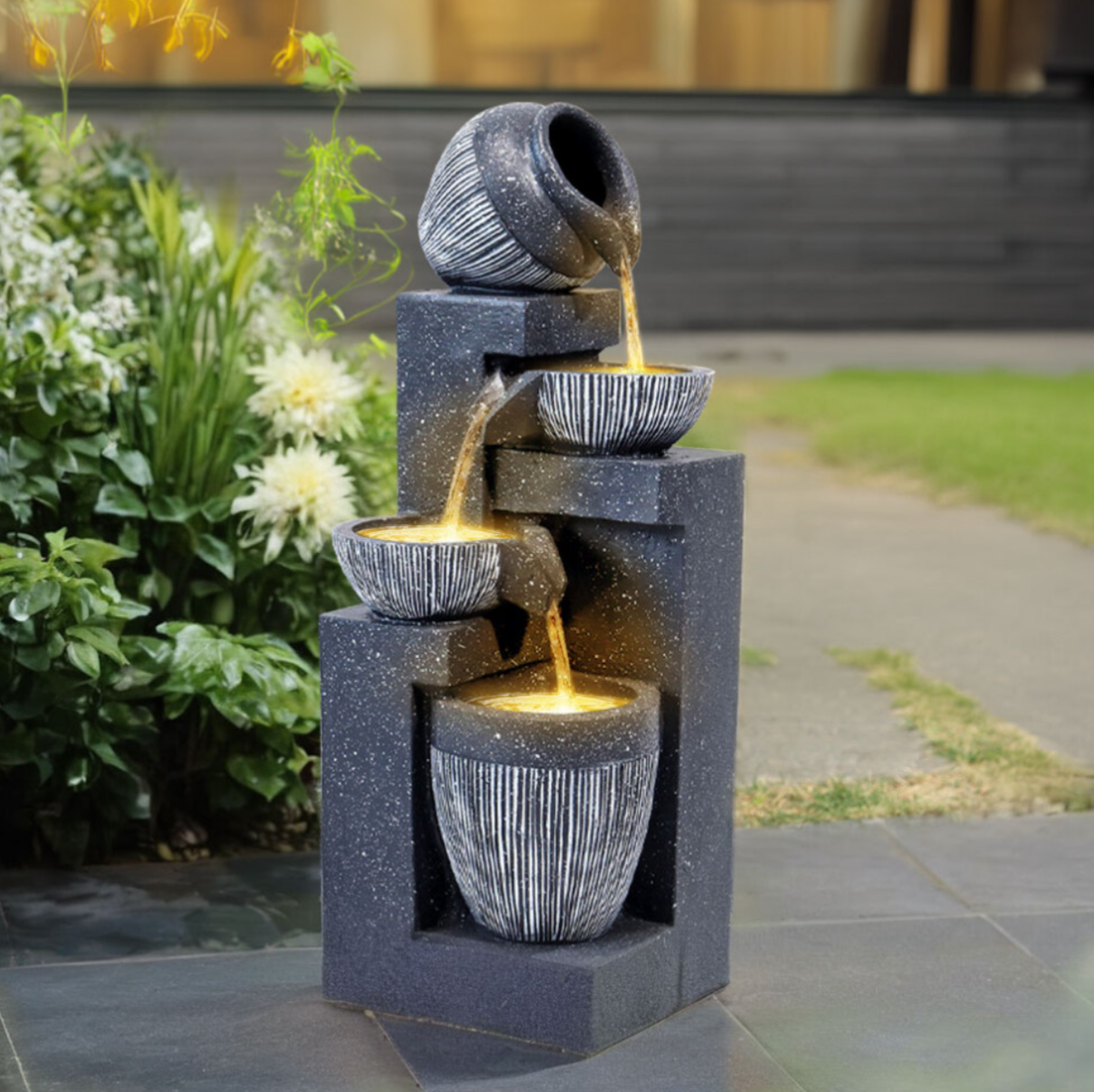 Solar-Powered Outdoor Cascading LED Tiered Water Fountain for Garden - Black Resin, 51 cm High Water feature