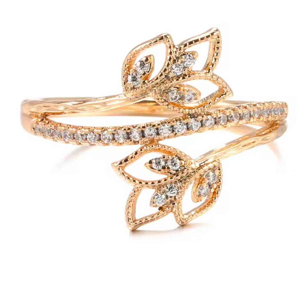Rose Gold Plated Leaf Ring with Sparkling Cubic Zirconia - Truly Yours