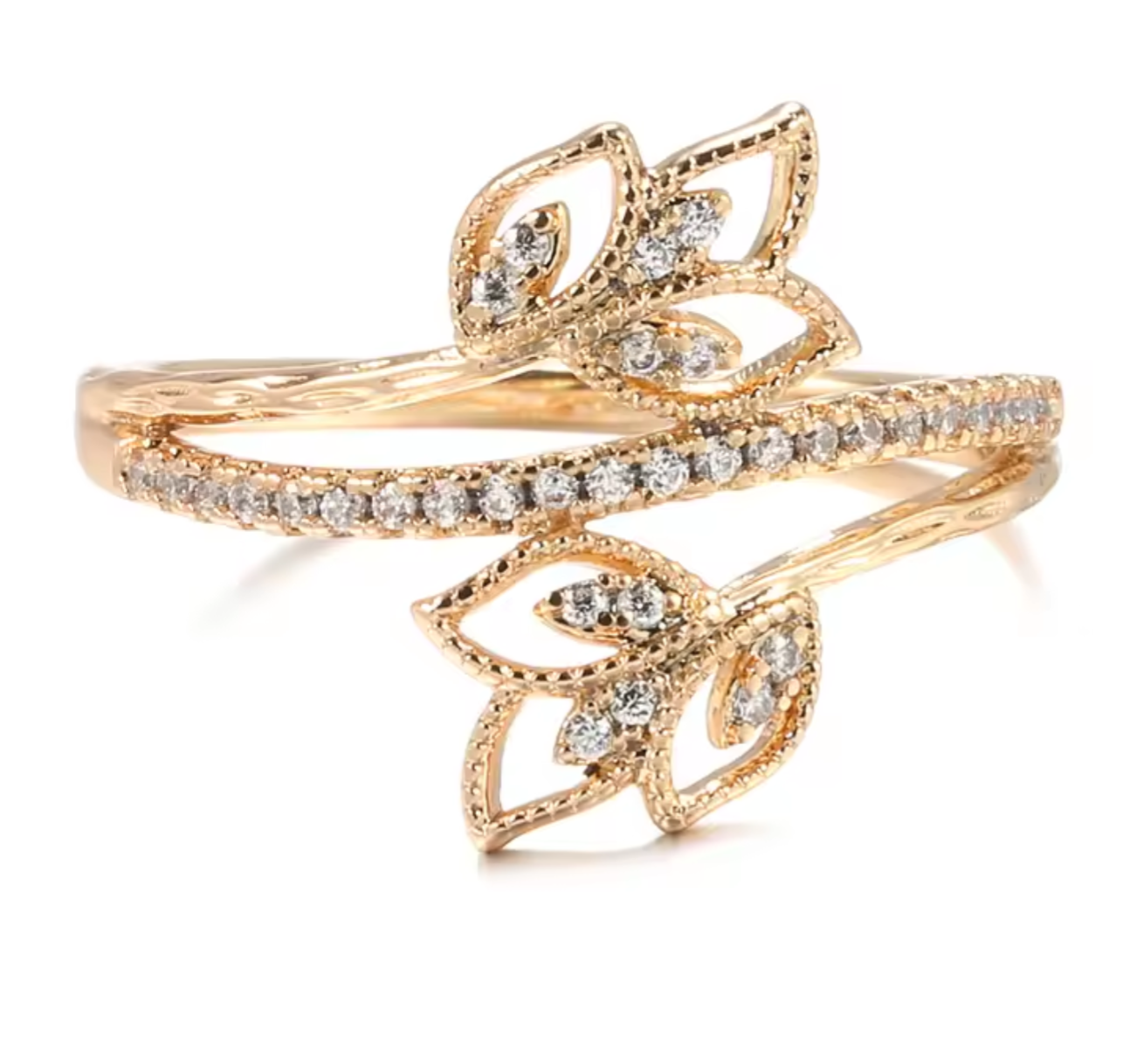 Rose Gold Plated Leaf Ring with Sparkling Cubic Zirconia - Truly Yours