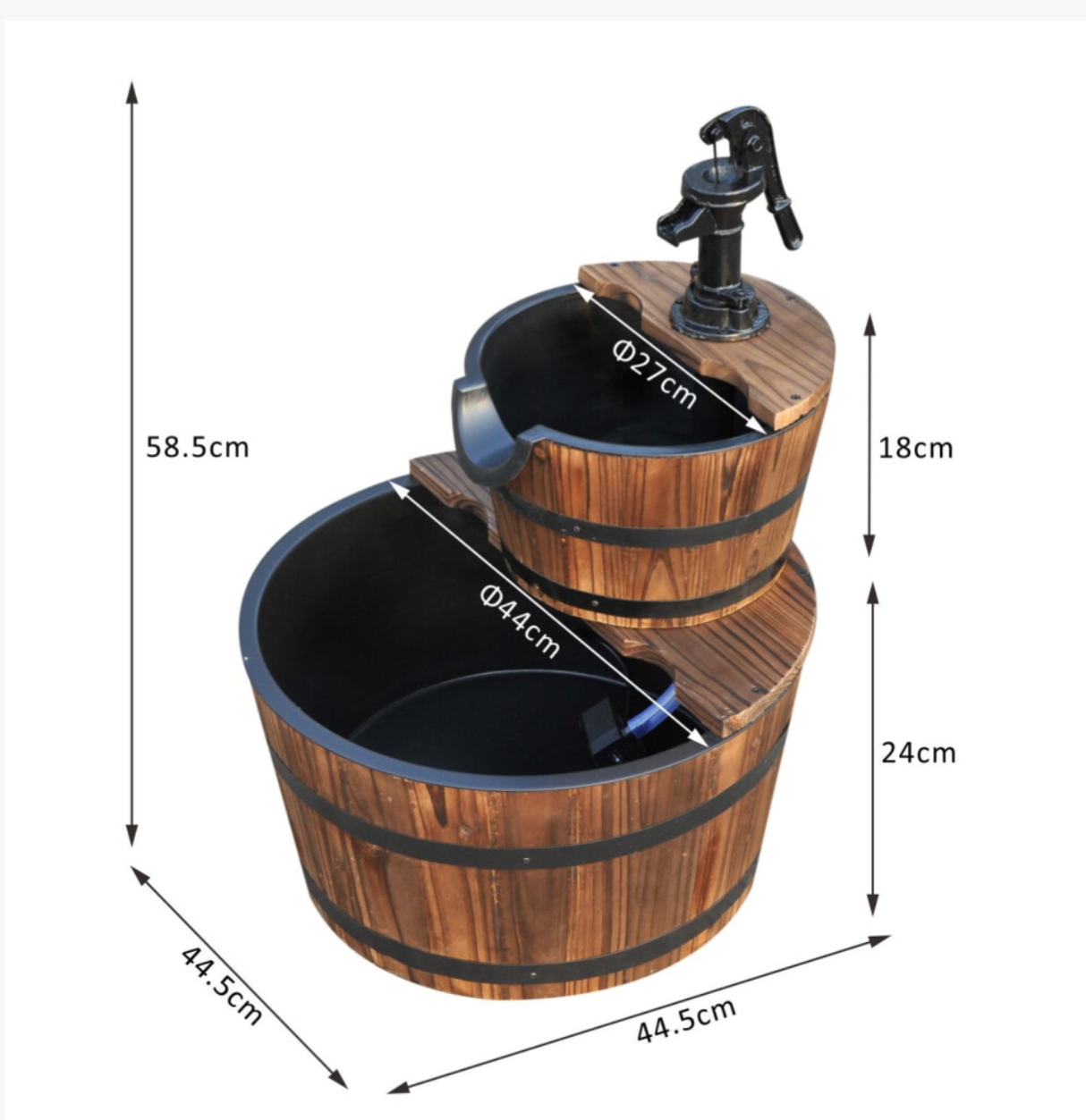 Wooden Water Pump Fountain 2 Tier Cascading Feature Garden Deck - Truly Yours