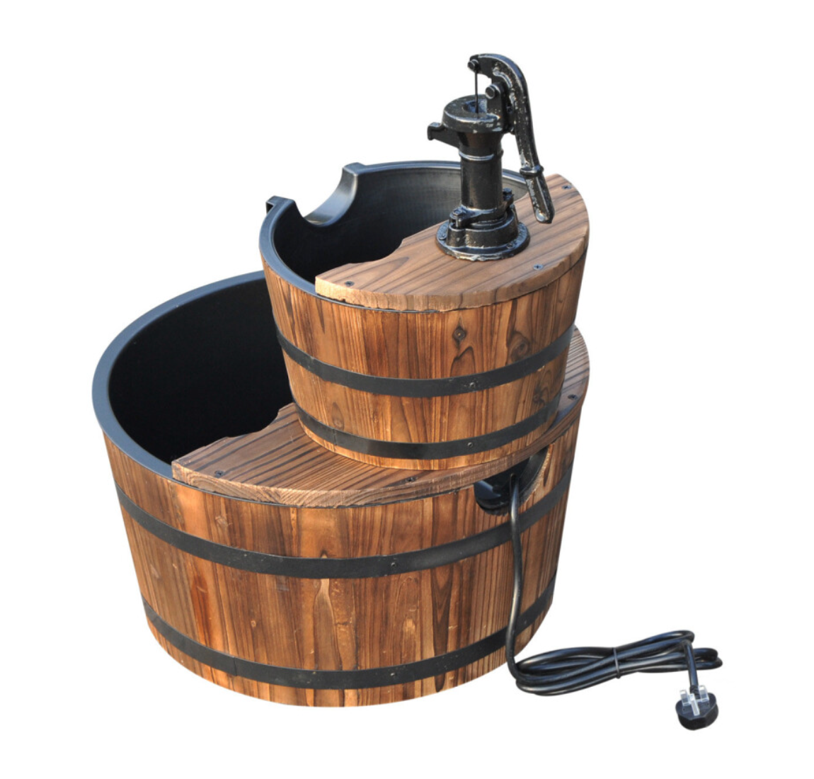 Wooden Water Pump Fountain 2 Tier Cascading Feature Garden Deck - Truly Yours