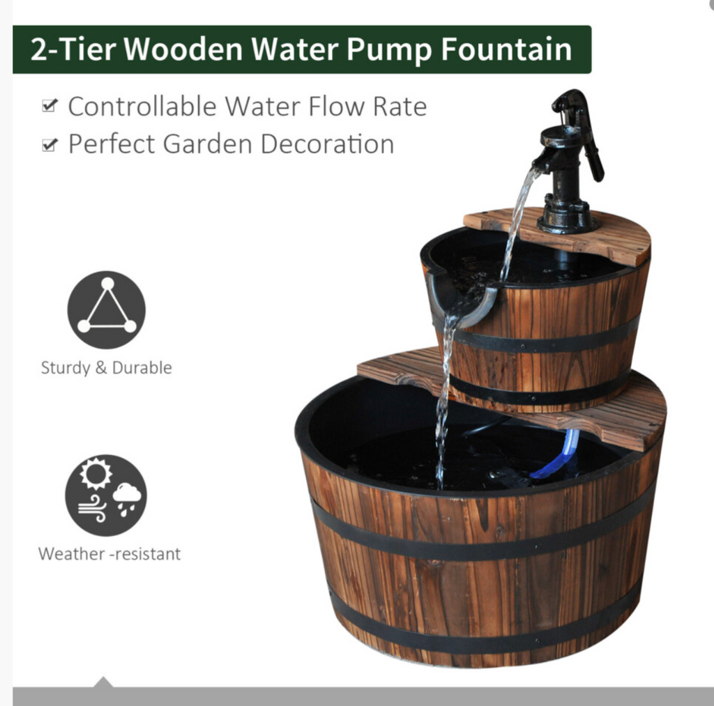 Wooden Water Pump Fountain 2 Tier Cascading Feature Garden Deck - Truly Yours