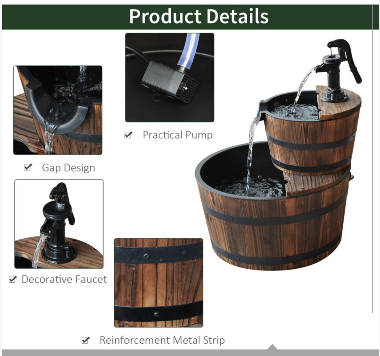 Wooden Water Pump Fountain 2 Tier Cascading Feature Garden Deck - Truly Yours
