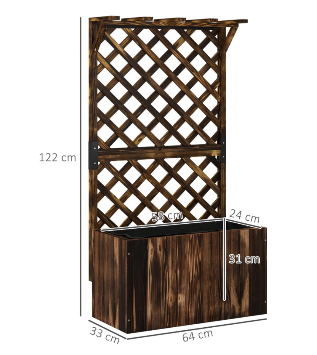 Wooden Planter with Trellis and Drainage Holes, Carbonised - Truly Yours