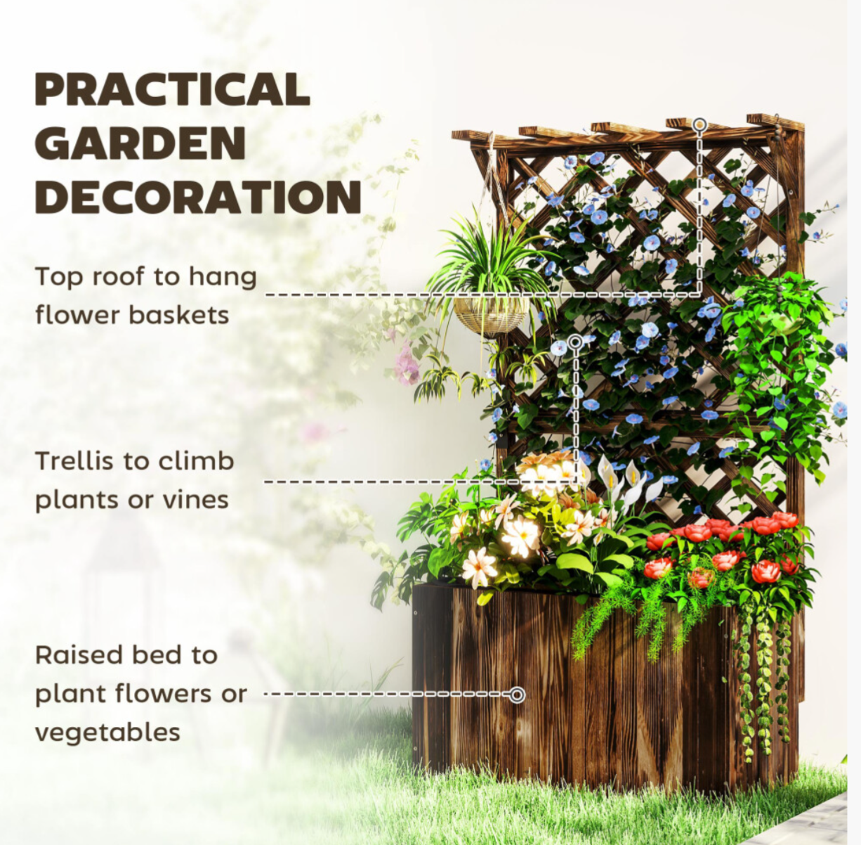 Wooden Planter with Trellis and Drainage Holes, Carbonised - Truly Yours