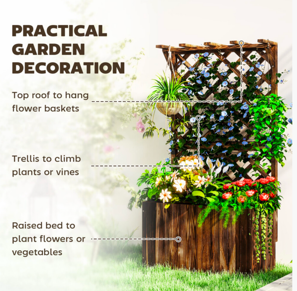 Wooden Planter with Trellis and Drainage Holes, Carbonised - Truly Yours