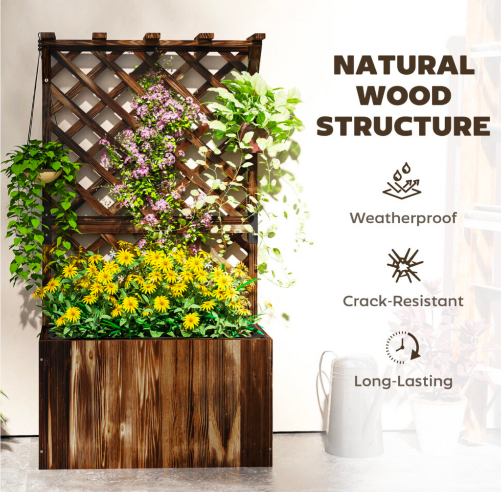Wooden Planter with Trellis and Drainage Holes, Carbonised - Truly Yours