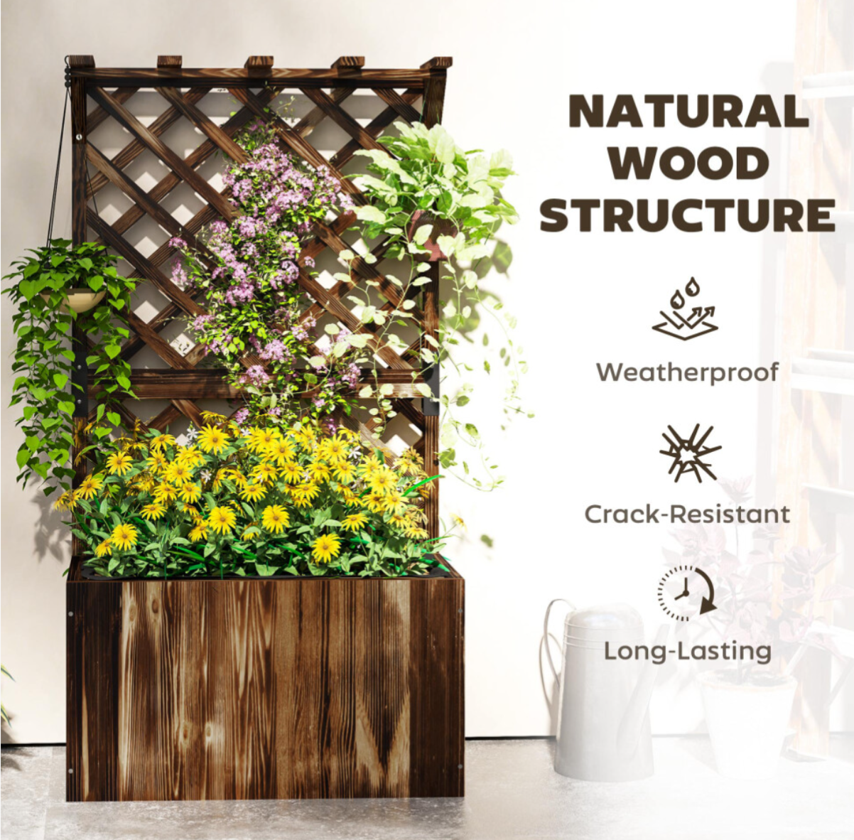 Wooden Planter with Trellis and Drainage Holes, Carbonised - Truly Yours