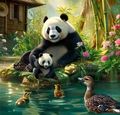 Diamond Painting Full Round 20x20cm - Panda & Duckling Serene Pond Scene - Truly Yours