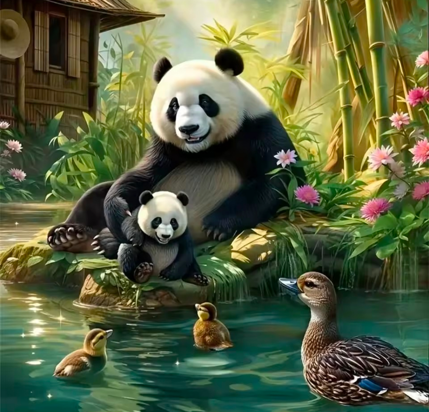 Diamond Painting Full Round 20x20cm - Panda & Duckling Serene Pond Scene - Truly Yours