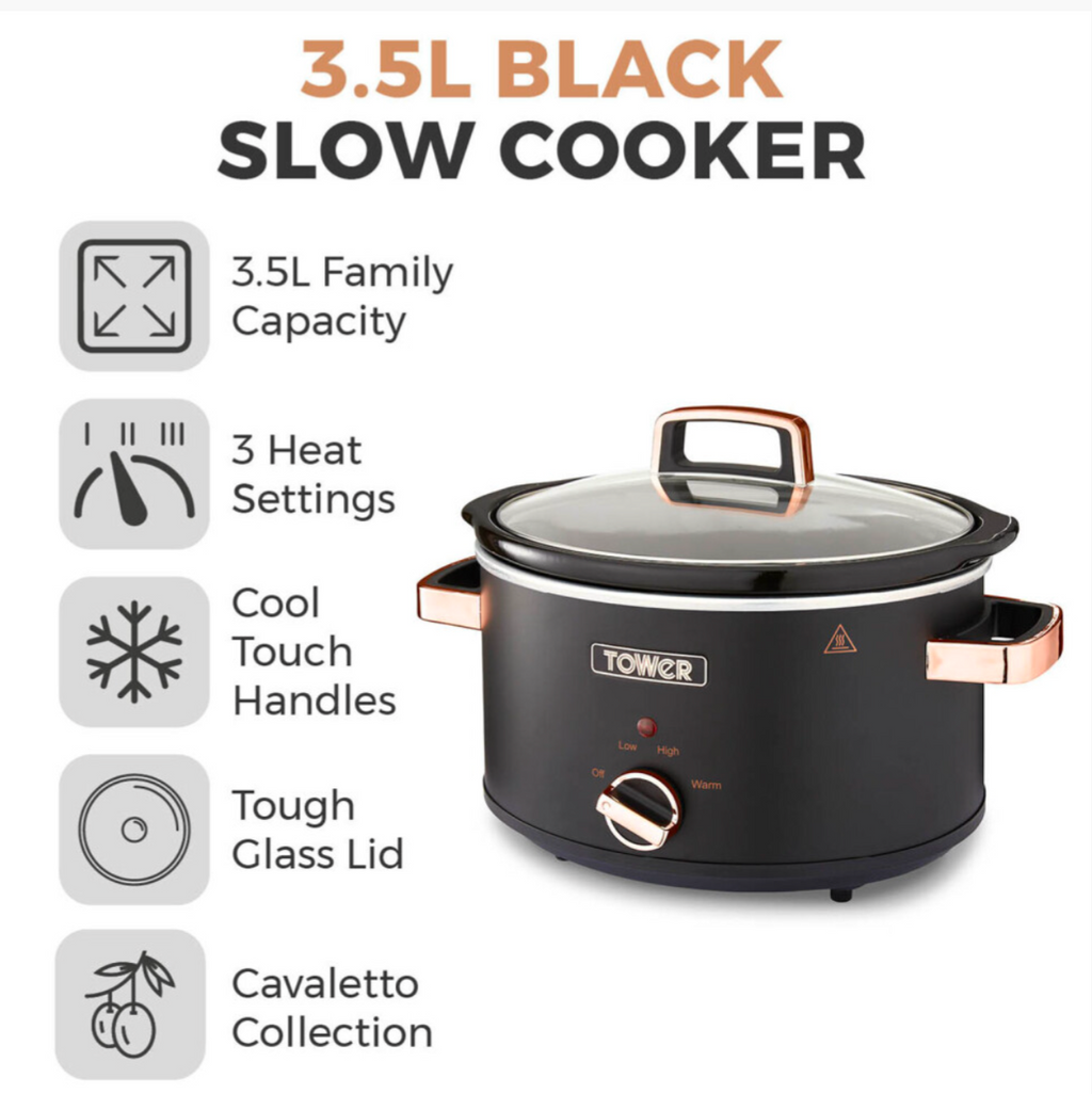 Tower T16042BLK Cavaletto 3.5L Slow Cooker Black and Gold Acents - Truly Yours