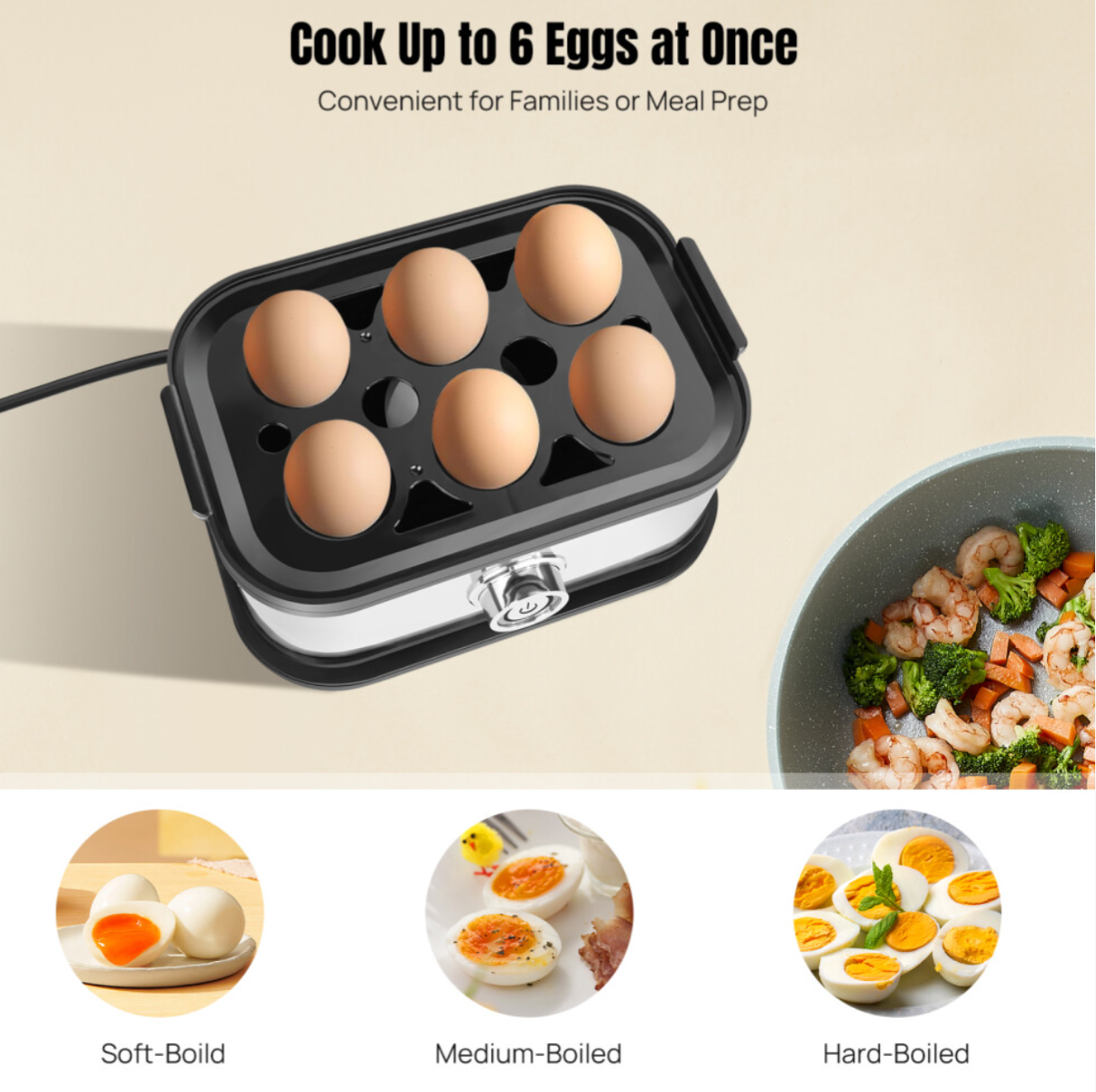 Electric Egg Cooker 6 Eggs Capacity for Soft/Medium/Hard Boiled Eggs, 350W Fast Cooking, BPA-Free Stainless Steel - Truly Yours