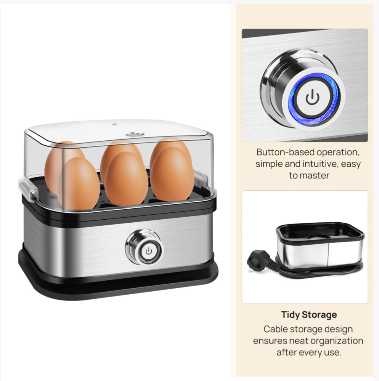 Electric Egg Cooker 6 Eggs Capacity for Soft/Medium/Hard Boiled Eggs, 350W Fast Cooking, BPA-Free Stainless Steel - Truly Yours