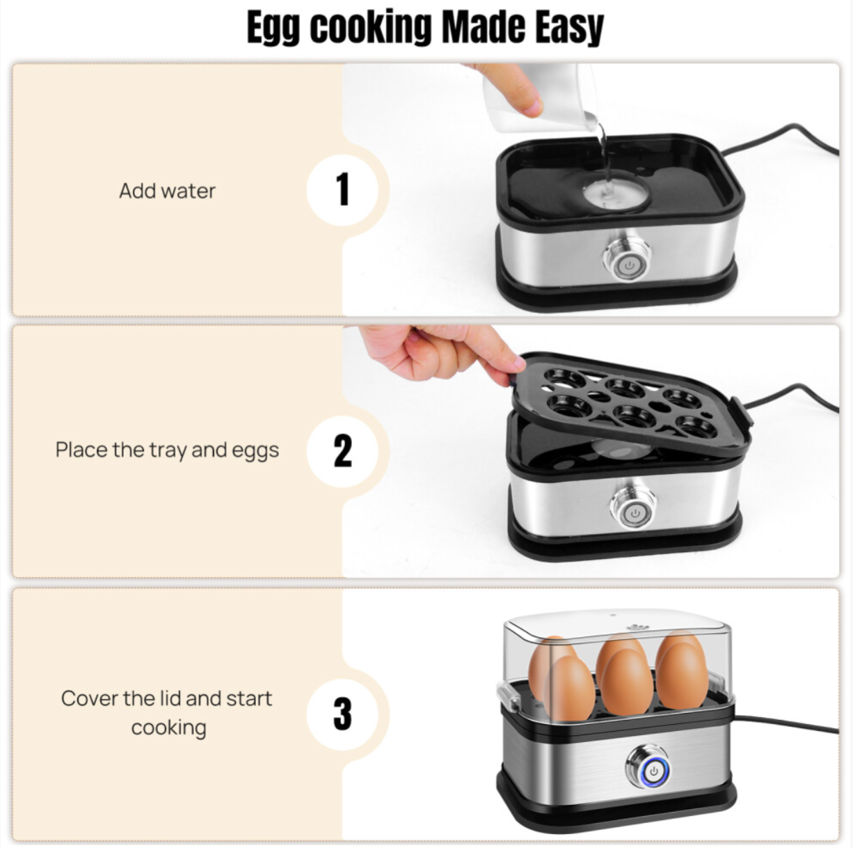 Electric Egg Cooker 6 Eggs Capacity for Soft/Medium/Hard Boiled Eggs, 350W Fast Cooking, BPA-Free Stainless Steel - Truly Yours