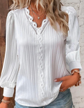 Women's White Lace Trim V-Neck Puff Sleeve Blouse - Truly Yours