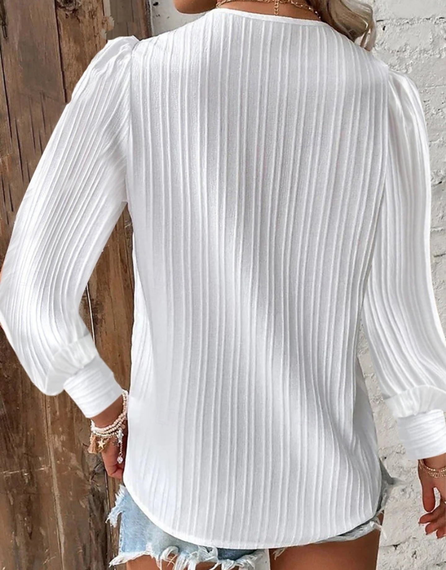 Women's White Lace Trim V-Neck Puff Sleeve Blouse
