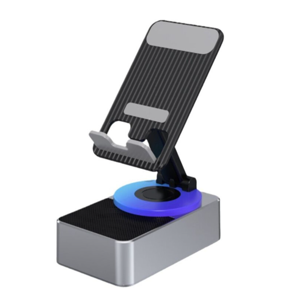 3-in-1 Foldable Phone Stand with Bluetooth Speaker & Power Bank – Rotating Desk Holder (Grey)