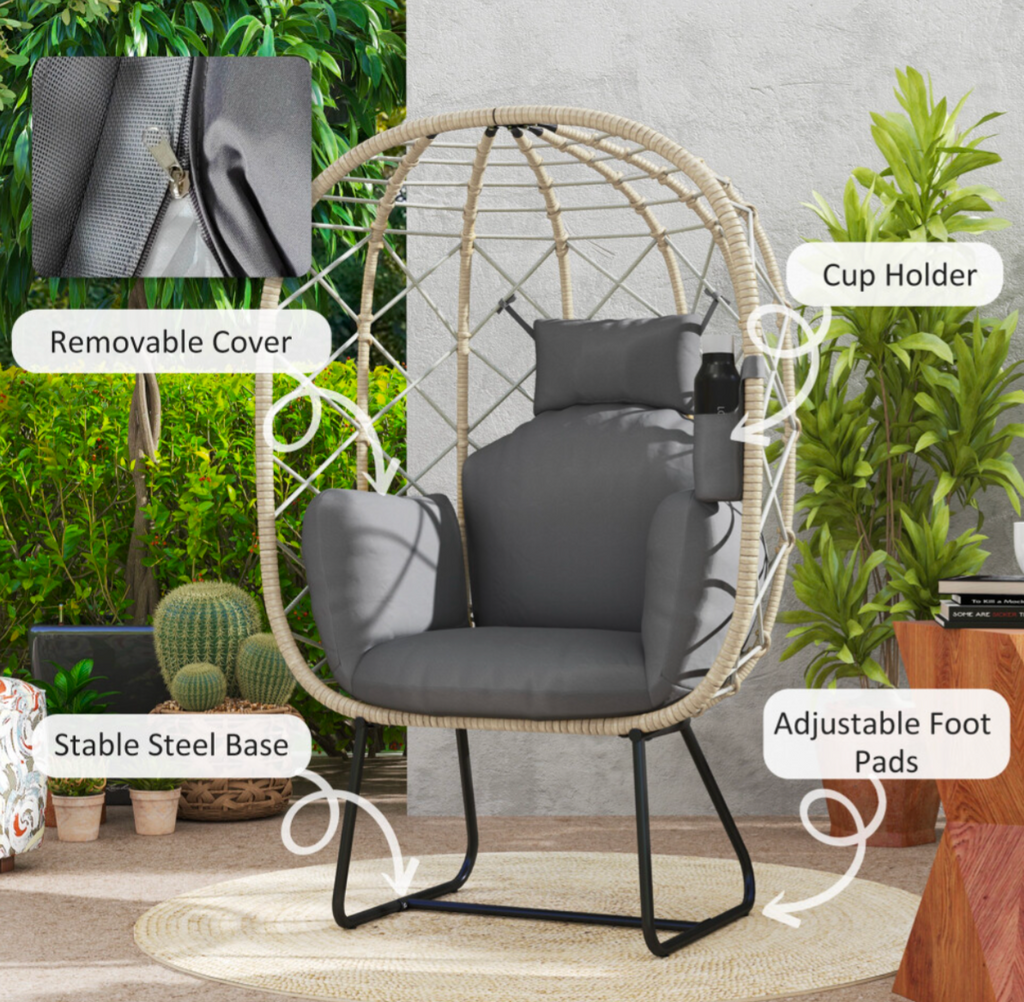 Rattan Garden Egg Chair with Thickened Cushion, Headrest, Grey - Truly Yours