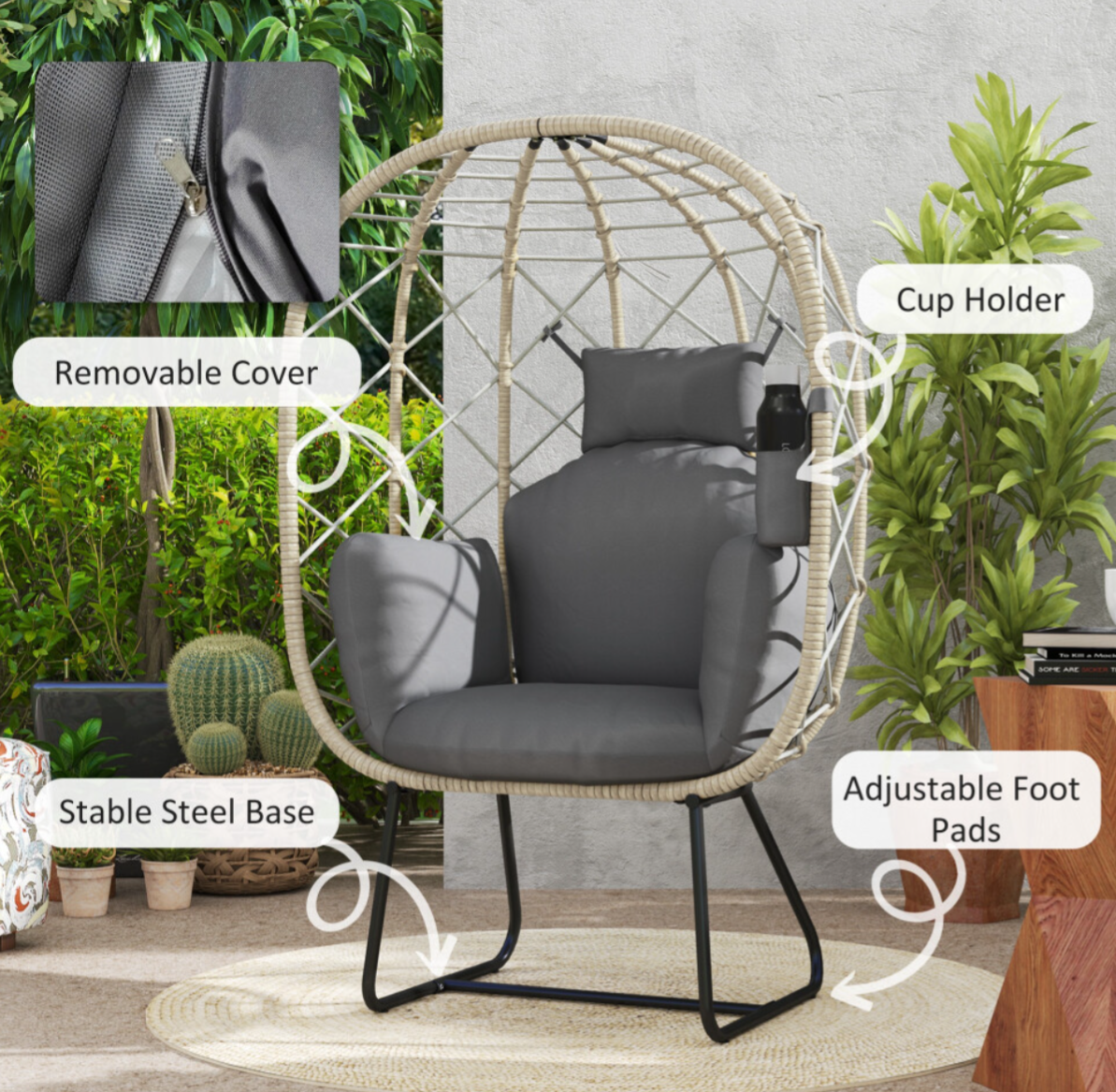Rattan Garden Egg Chair with Thickened Cushion, Headrest, Grey - Truly Yours