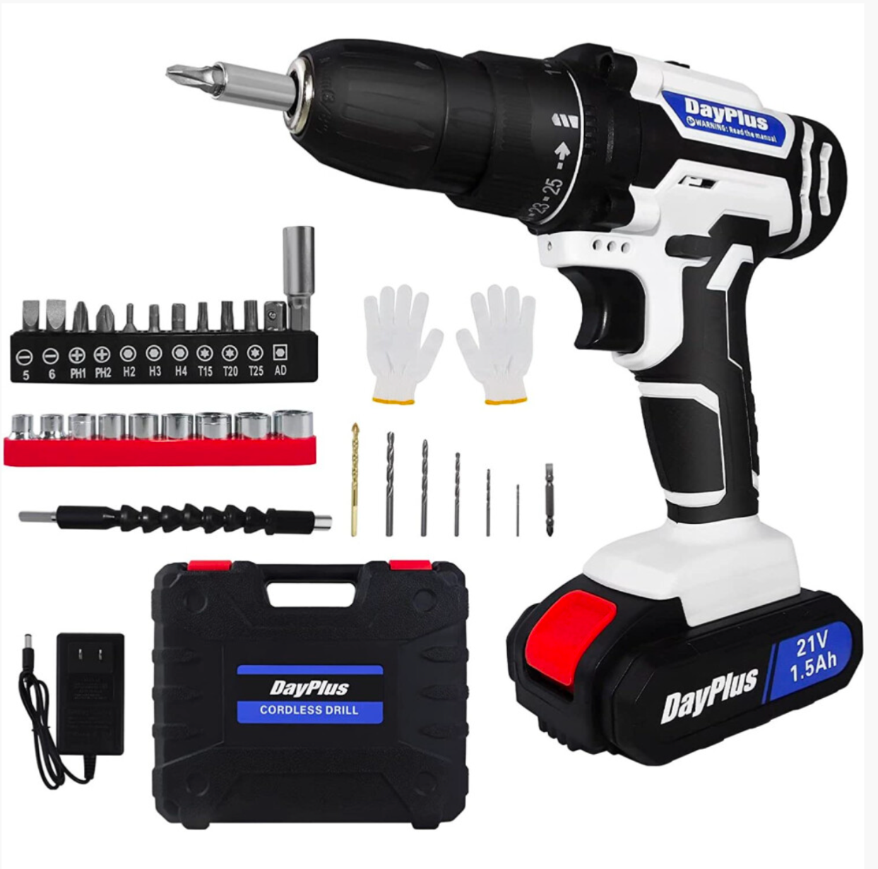 21V Cordless Drill Combi Power Drill Electric Screwdriver Set 25+1 Torque Torque 45N.m