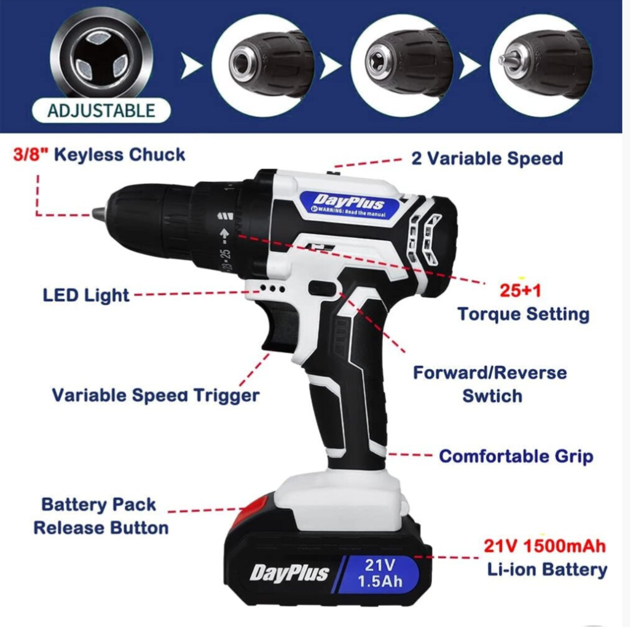 21V Cordless Drill Combi Power Drill Electric Screwdriver Set 25+1 Torque Torque 45N.m