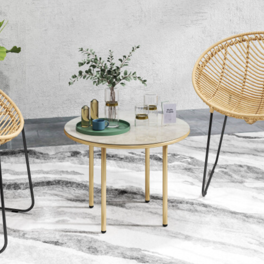 Round Small Garden Table with Faux Marble Glass Top, Beige - Truly Yours