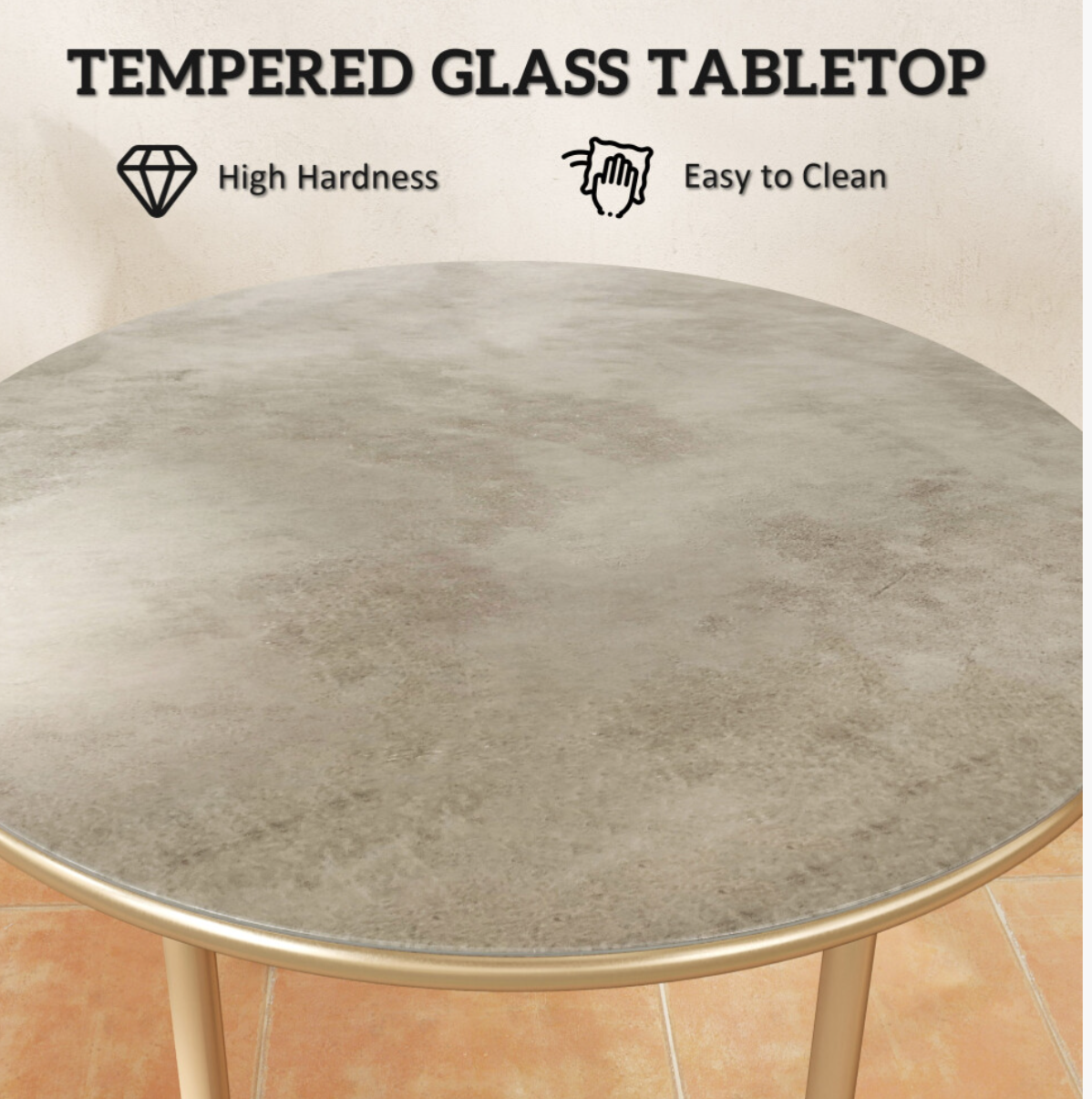 Round Small Garden Table with Faux Marble Glass Top, Beige - Truly Yours