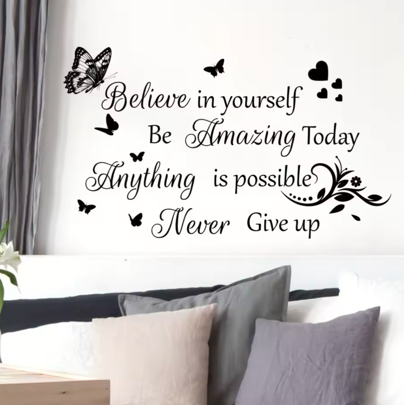 Inspirational Wall Decal - "Believe in Yourself, Anything is Possible" Quote with Butterflies and Hearts