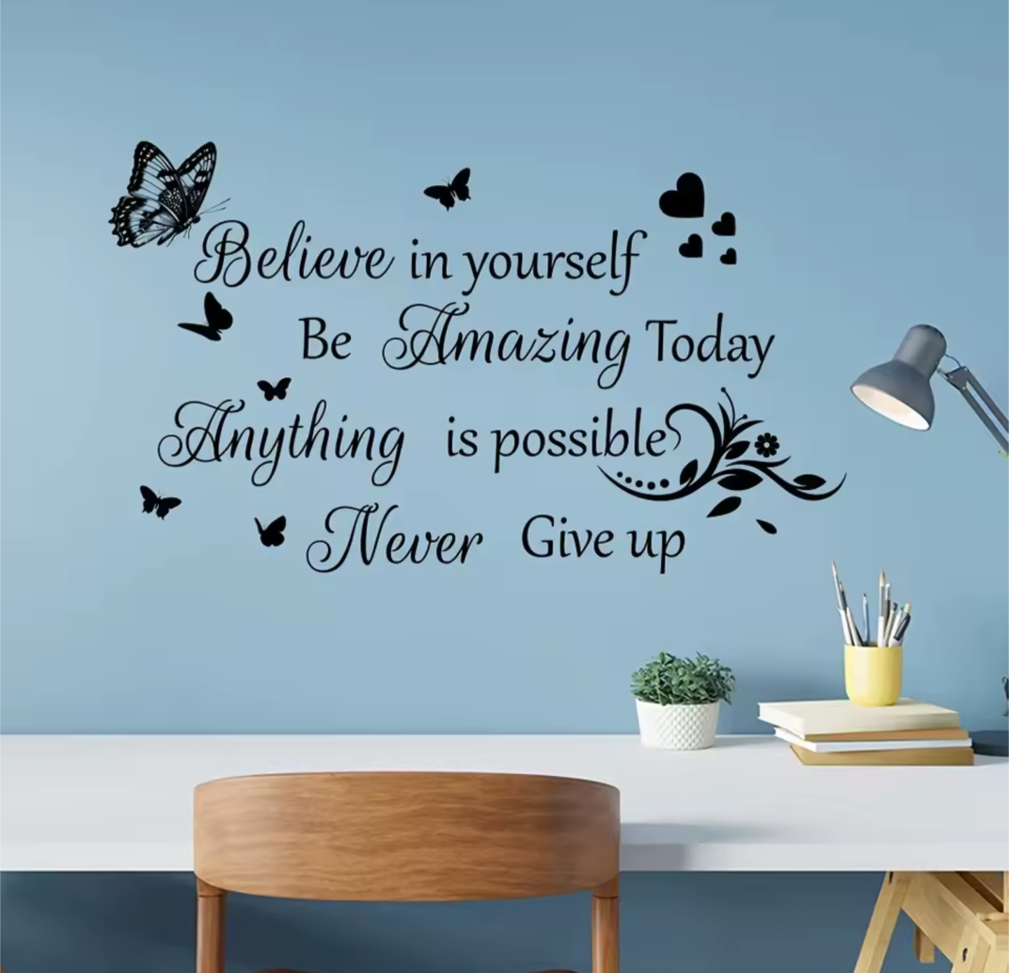 Inspirational Wall Decal - "Believe in Yourself, Anything is Possible" Quote with Butterflies and Hearts