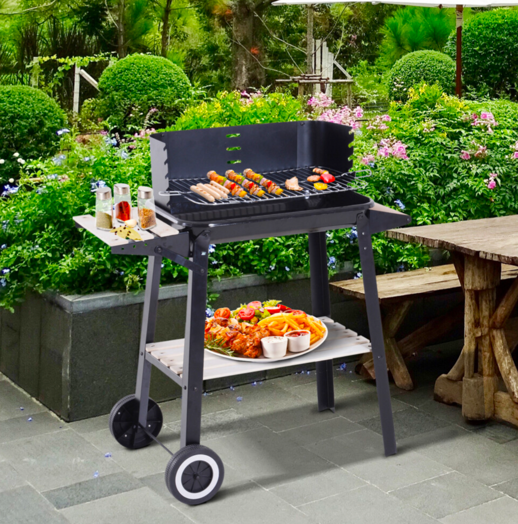 Portable Outdoor Charcoal BBQ Grill with Wheels, Side Shelf, and Bottom Storage Rack - Truly Yours