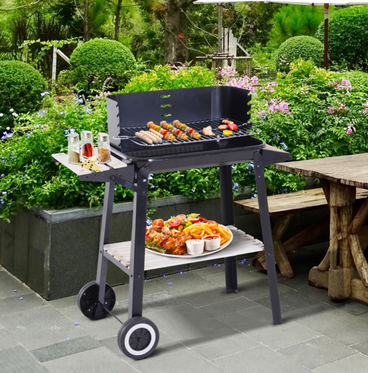 Portable Outdoor Charcoal BBQ Grill with Wheels, Side Shelf, and Bottom Storage Rack - Truly Yours